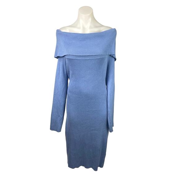 Almost Famous Blue Rib Knit Off Shoulder Long Sleeve Bodycon Sweater Dress Sz 3X - Picture 1 of 5